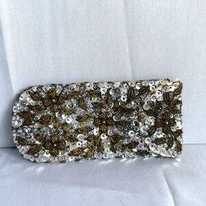 Vintage 60s Delill Ivory Beaded Sequins Satin‎ Eyeglass Case Mid Century Glam